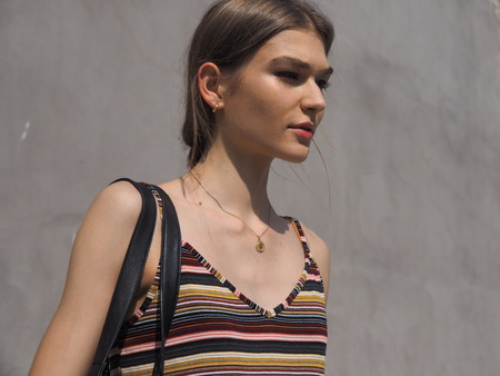 MILAN, Italy: September 22, 2018: Model posing for photographers after CIVIDINI fashion show during Milan fashion week fall / winter 2018/2019.のeditorial素材