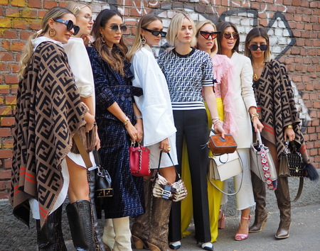 MILAN, Italy: September, 20 2018: Fashion bloggers street style outfits before FENDI fashion show during Milan fashion week fall / winter 2018/2019.のeditorial素材