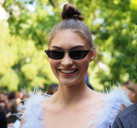 MILAN, Italy: September, 20 2018: Fashion blogger in street style outfit before FENDI fashion show during Milan fashion week fall / winter 2018/2019.のeditorial素材
