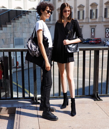 MILAN, Italy: September 21, 2018: Models posing in the street before CALCATERRA fashion show during MFW fall / winter 2018/2019.のeditorial素材