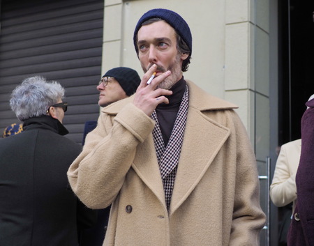 MILAN, Italy: 13 January 2019: RICHARD BIEDUL street style outfits before and after DAKS fashion show, during Milan fashion week Man fall / winter 2019/2020のeditorial素材