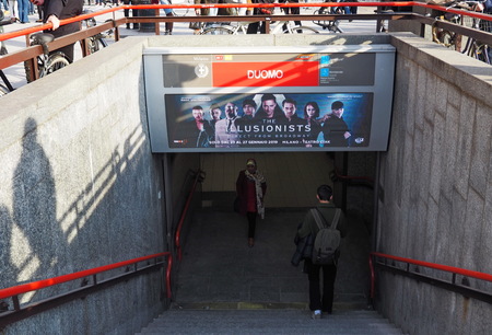 MILAN, ITALY - 26 January 2019: Entrance to the Duomo metro station in Milan. Duomo is a station on the Line 1 of Milan, red line.のeditorial素材