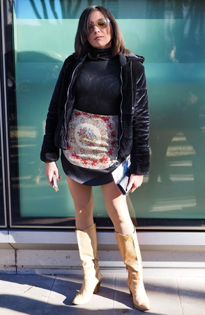 MILAN, Italy: 14 January 2019: Fashion blogger street style outfit before ARMANI fashion show during Milan Fashion Week man Fall / winter 2019/2020のeditorial素材