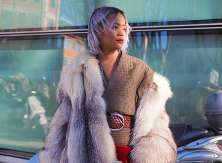 MILAN, Italy: 14 January 2019: Fashion bloggers street style outfits before and after ARMANI fashion show during Milan Fashion Week man Fall / winter 2019/2020のeditorial素材