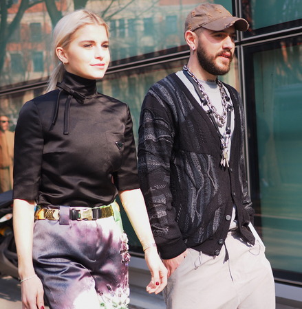 MILAN, Italy: February 21, 2019: Fashion bloggers street style outfits before Armani fashion show during Milan fashion week Fall / winter 2019/2020のeditorial素材