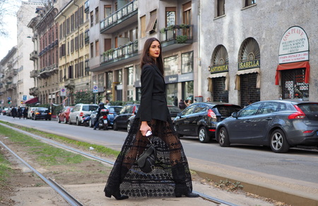 MILAN, Italy: February 24, 2019: Top model Sara Rossetto street style outfit after Dolce & Gabbana fashion show during Milan fashion week Fall / winter 2019/2020のeditorial素材