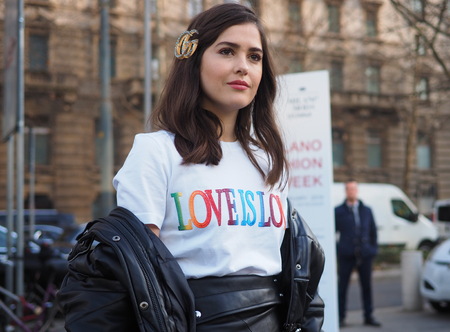 MILAN, Italy: February 20, 2019: Fashion blogger street style outfit after Alberta Ferretti fashion show during Milan fashion week Fall / winter 2019/2020のeditorial素材