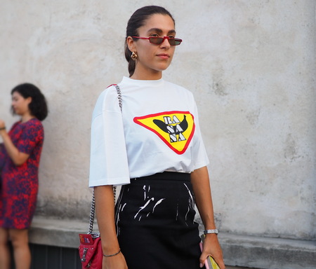 MILAN, Italy- SEPTEMBER 20, 2018: Fashionable woman street style outfit before PRADA fashion show, during Milan Fashion Week fall winter 2018/2019.のeditorial素材