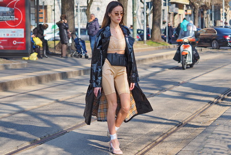 MILAN, Italy: February 21, 2019: Fashion blogger street style outfit before Fendi fashion show during Milan fashion week Fall / winter 2019/2020のeditorial素材