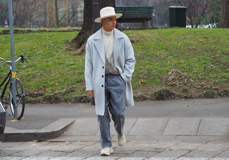 MILAN, Italy; 12 January 2019: Fashion bloggers street style outfits before M1992 fashion show during Milan Fashion Week Man fall / winter 2019/2020のeditorial素材