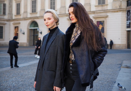 MILAN, Italy: February 22, 2019: Models street style outfits after Francesca Liberatore fashion show...