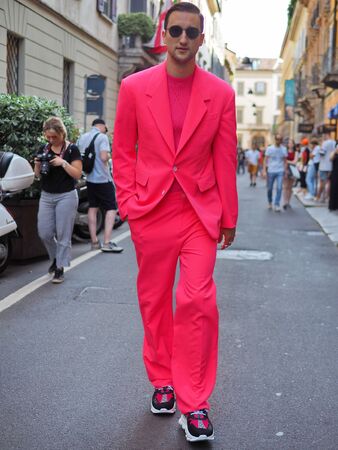 MILANO, Italy: 15 June 2019: Marcel Florus street style outfit before Versace fashion show during Milan Fashion Week woman Fall / winter 2019/2020のeditorial素材