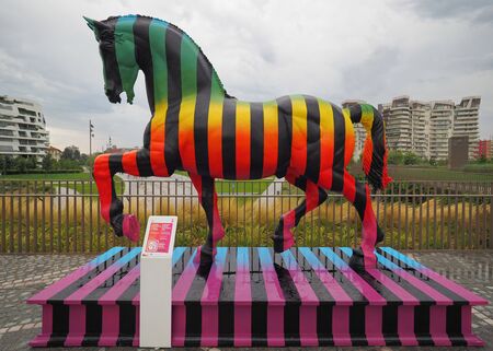 MILAN, Italy: 12 August 2019: Leonardo Horse project, the Leonardo's horse revisited by Marcelo Burlon in the new modern areaのeditorial素材