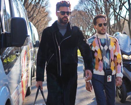 MILAN, Italy: 14 January 2019: Fashion blogger street style outfit before ARMANI fashion show during...