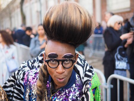 MILAN, Italy: 21 February 2019: Fashion blogger street style outfit after Fendi fashion show during...