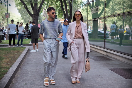 MILANO, Italy: June 15, 2019: Fashion bloggers street style outfits before Armani fashion show during Milan Fashion Week man 2019/2020のeditorial素材