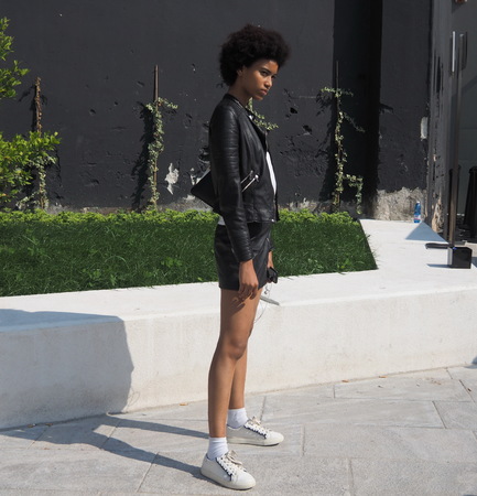 MILAN, ITALY - JUNE 16, 2018: Model posing in the street after Neil Barrett fashion show, during Milan Fashion Week Men and women spring collections.のeditorial素材