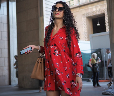 MILAN, ITALY -JUNE 15, 2018: Fashion blogger street style outfit before ALBERTA FERRETTI fashion show, during Milan Fashion Week Men and women spring collections.のeditorial素材