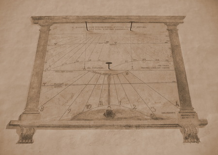Serina, Bergamo, Italy: 1 September 2019: Italy sundial and gnomon antique historical medieval...