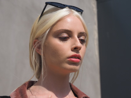 MILAN, Italy: September 22, 2018: Model posing for photographers after CIVIDINI fashion show during Milan fashion week fall / winter 2018/2019.のeditorial素材