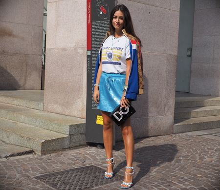 MILAN, Italy: September 22, 2018: Fashionable woman street style outfit before Philosophy by Lorenzo Serafini fashion show during Milan fashion week fall / winter 2018/2019.のeditorial素材