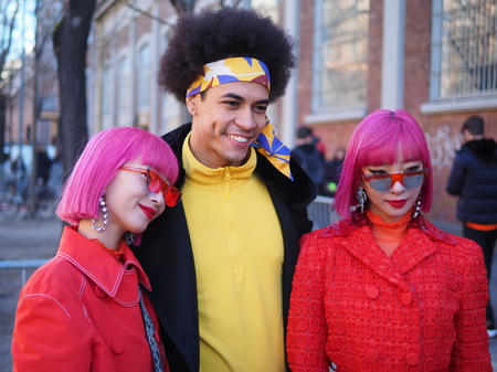 MILAN, Italy: 14 January 2019: Fashion bloggers street style outfits after FENDI fashion show during Milan Fashion Week man Fall / winter 2019/2020のeditorial素材