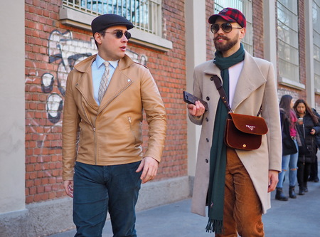 MILAN, Italy: 14 January 2019: Fashion bloggers street style outfits after FENDI fashion show during Milan Fashion Week man Fall / winter 2019/2020のeditorial素材