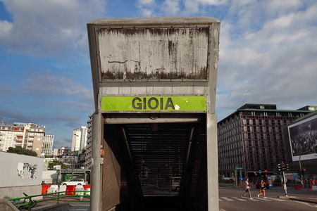 MILAN, Italy. 12 July2019: Entrance to Gioia metro station in Milan. Joy is a station on the line 2 of Milan underground, the green line.のeditorial素材
