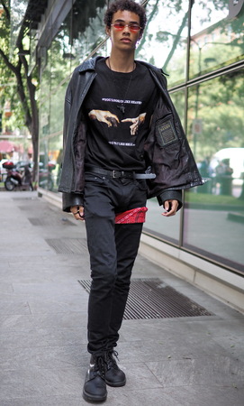 MILANO, Italy: June 15, 2019: Fashion blogger street style outfit before Armani fashion show during Milan Fashion Week man 2019/2020のeditorial素材