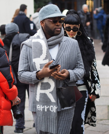 MILAN, Italy; 12 January 2019: Fashion bloggers street style outfits before M1992 fashion show during Milan Fashion Week Man fall / winter 2019/2020のeditorial素材