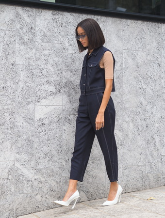 MILAN, Italy: 20 September 2019: Fashion blogger street style outfit before Sportmax fashion show during Milan fashion week Spring / Summer 2019/2020のeditorial素材