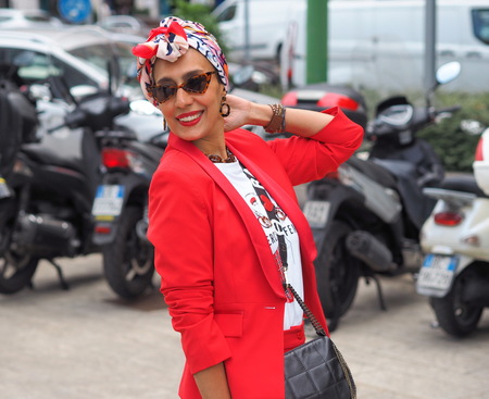 MILAN, Italy: 20 September 2019: Fashion blogger street style outfit before Sportmax fashion show during Milan fashion week Spring / Summer 2019/2020のeditorial素材