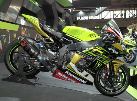 MILAN, ITALY - NOVEMBER 8: Motorbikes exposed at EICMA, international motorcycle exhibition on...