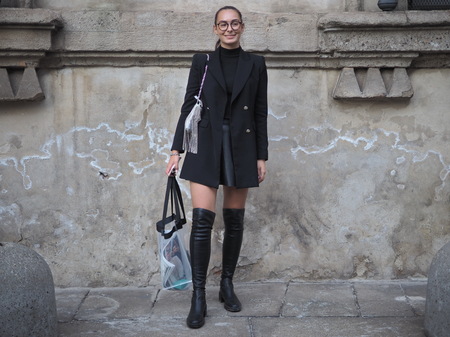 MILAN, Italy: 19 September 2019: Fashion bloggers street style outfits before Bottega Veneta fashion show during Milan fashion week Spring / Summer 2019/2020のeditorial素材
