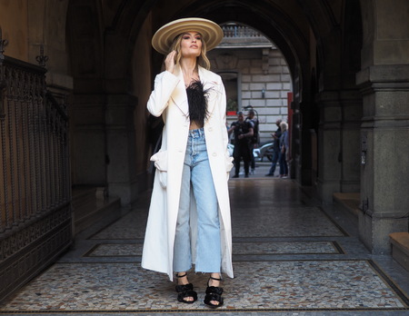 MILAN, Italy: 19 September 2019: Fashion blogger street style outfit before Vivetta fashion show during Milan fashion week Spring / Summer 2019/2020のeditorial素材