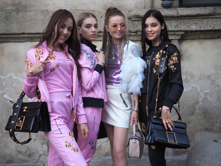MILAN, Italy: 19 September 2019: Fashion bloggers street style outfits before Bottega Veneta fashion show during Milan fashion week Spring / Summer 2019/2020のeditorial素材