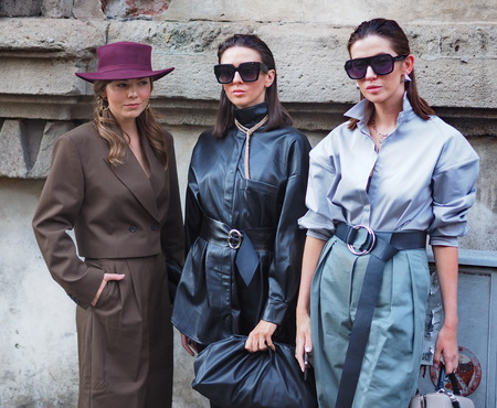 MILAN, Italy: 19 September 2019: Fashion bloggers street style outfits before Bottega Veneta fashion show during Milan fashion week Spring / Summer 2019/2020のeditorial素材