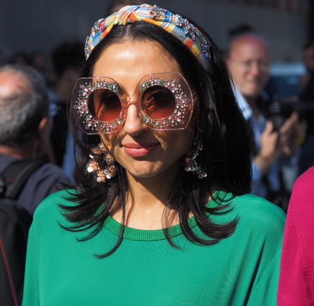 MILANO, Italy: September 20, 2019: Fashion bloggers posing in outfit style before ICEBERG fashion show during MFW spring / summerのeditorial素材