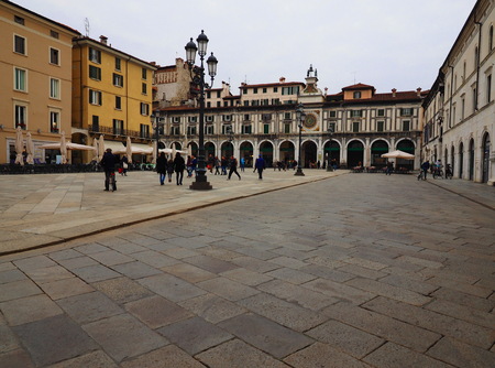 BRESCIA, 1 November 2019: Cityscape on historic square of Brescia. Piazza della Loggia, Brescia, Lombardy, Italy.のeditorial素材