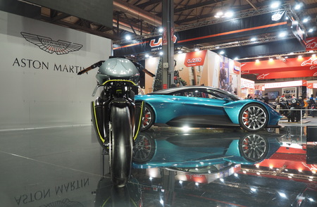 MILAN, ITALY - NOVEMBER 7, 2019: Aston Martin stand at EICMA, international motorcycle exhibition,...