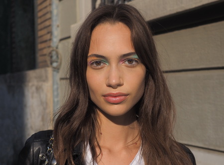 MILANO, Italy: September 20, 2019: Model closeup after ICEBERG fashion show during MFW spring / summer 2019/2020のeditorial素材