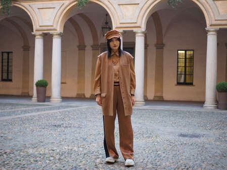 MILAN, Italy: 21 February 2019: Fashion blogger posing for photographers after Vivetta fashion show...