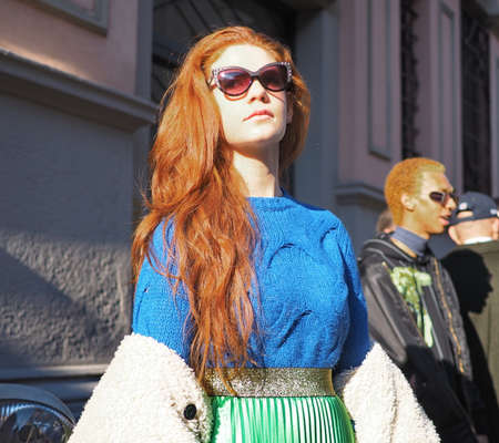 Milan, Italy, 12 January 2020: Fashion blogger posing for photographers after Etro fashion show during Milano fashion week 2020のeditorial素材
