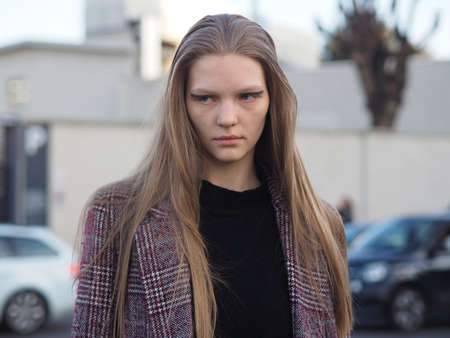 MILAN, Italy: 20 February 2020: Model posing after Prada fashion show during Milan fashion week woman Spring / Summerのeditorial素材