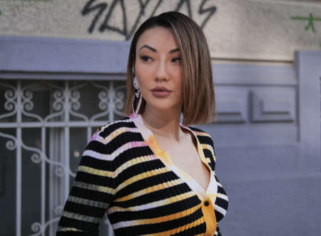 MILAN, Italy: 22 February 2020: Fashion blogger street style outfit before MSGM fashion show during Milan fashion week Spring / Summerのeditorial素材