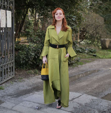 MILAN, Italy: 20 February 2020: Fashion blogger street style outfit before Luisa Beccaria fashion show during Milano Fashion week 2020/2021のeditorial素材