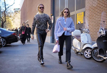 MILAN, Italy: 14 January 2019: Fashion blogger street style outfit during Milano Fashion Week man Fall / winter 2019/2020のeditorial素材