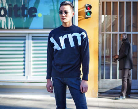 MILAN, Italy: 14 January 2019: Fashion blogger street style outfit during Milano Fashion Week man Fall / winter 2019/2020のeditorial素材