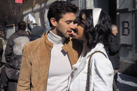 MILAN, Italy: 20 February 2019: Fashion bloggers street style outfits during Milan fashion week Fall / winter 2019/2020のeditorial素材