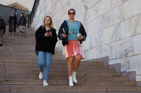 MILAN, Italy: 20 February 2020: Fashion bloggers street style outfit sbefore Vivetta fashion show...